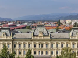Maribor cityscape with University building, view from Cathedral, Slovenia