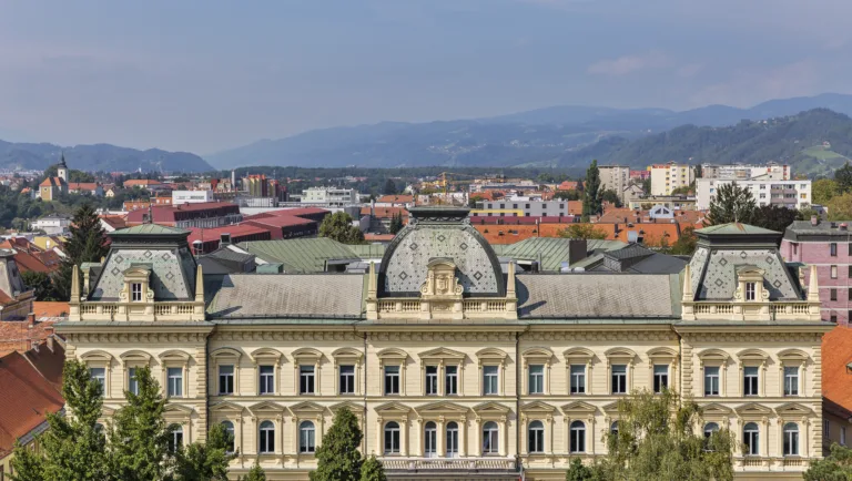 Maribor cityscape with University building, view from Cathedral, Slovenia
