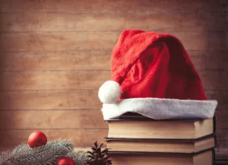 Trije romani, ki so presenetljivo primerno praznično branje Santas hat and pine brench with books on wooden table.