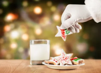 Lončki, ki jih lahko poješ, vanje pa naliješ mleko the hand of santa claus takes cookies from a plate on the background of a christmas tree