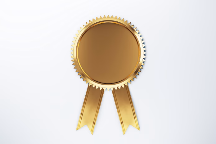 A golden award medal featuring a ribbon on a clean background, suitable for recognition purposes. 3D Rendering