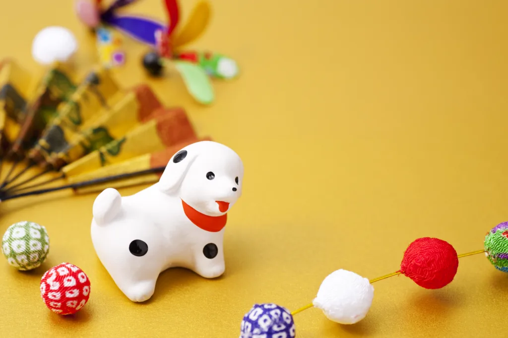 New Year decorations and dog zodiac figurine