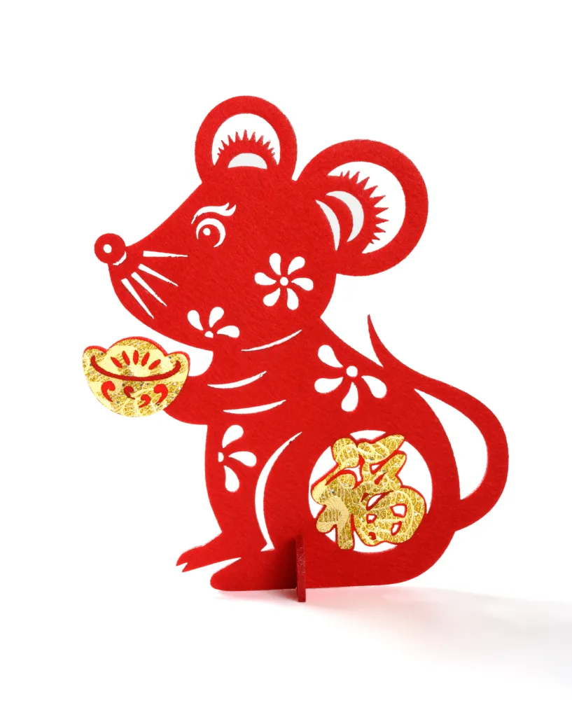 standable fluffy paper-cut on white as symbol of Chinese New Year of the rat the Chinese means fortune