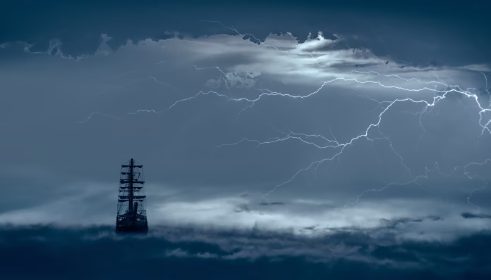 Flying old ship in the stormy clouds with thunder and lightning
