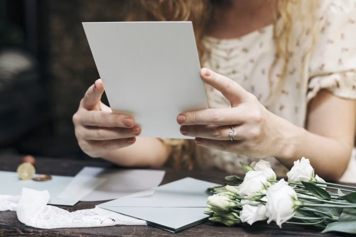 Woman preparing a wedding invitation card