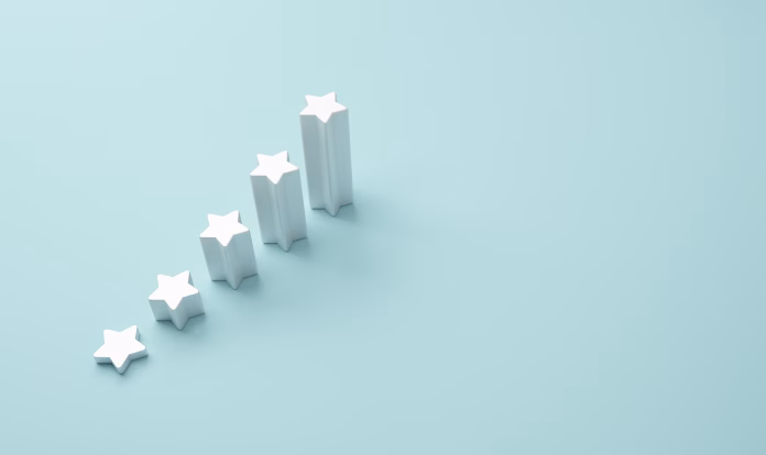 Stair shape with the five star symbol. The best rating, the best ranking, the best service, goal, success concept. 3d render, minimal style.
