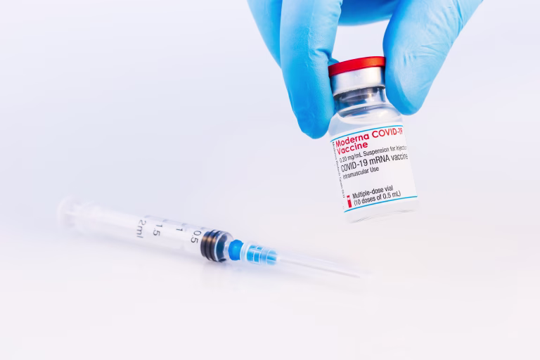 Brasov, Romania - February 21, 2021: Moderna Covid-19 vaccine on a white background.