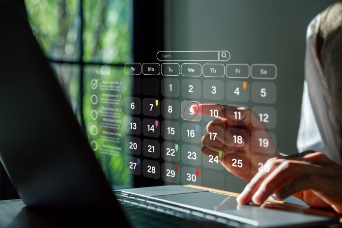 Calendar Planner, Businessman using laptop to highlight appointment reminders and meeting agenda. Management Remind Concept.