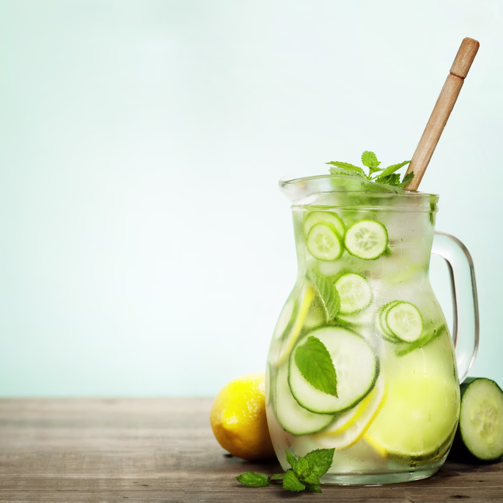 Infused water with cucumber, lemon, lime and mint on blue background