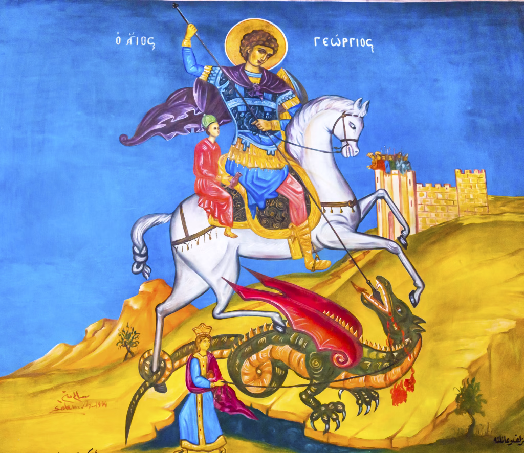 Madaba, Jordan - November 25, 2016: Saint George Dragon Fresco Saint George Greek Orthodox Church Madaba Jordan. Church was created in the late 1800s and houses many famous mosaics