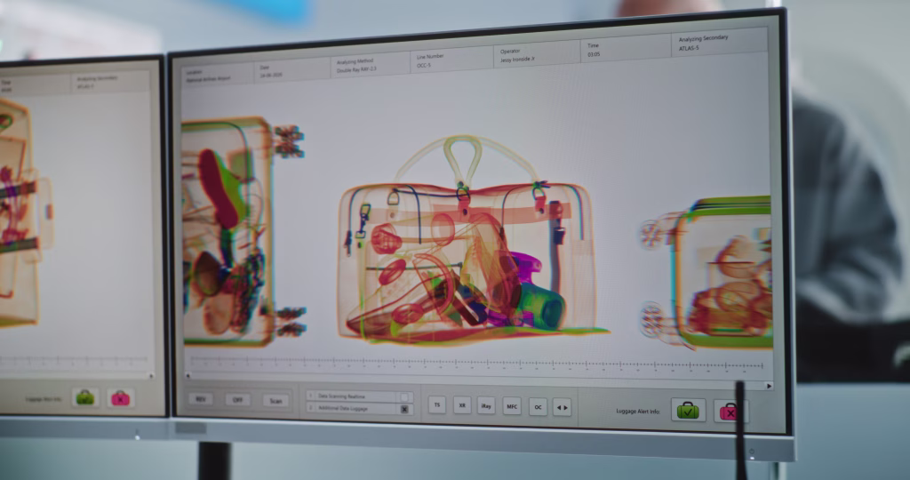 Airport Terminal Checkpoint: Advanced Analyzing Program with X-ray Metal Detector Scanning of Baggage Displayed on Computer Monitor. Rack Focus on Diverse Passengers with Luggage During Security Check