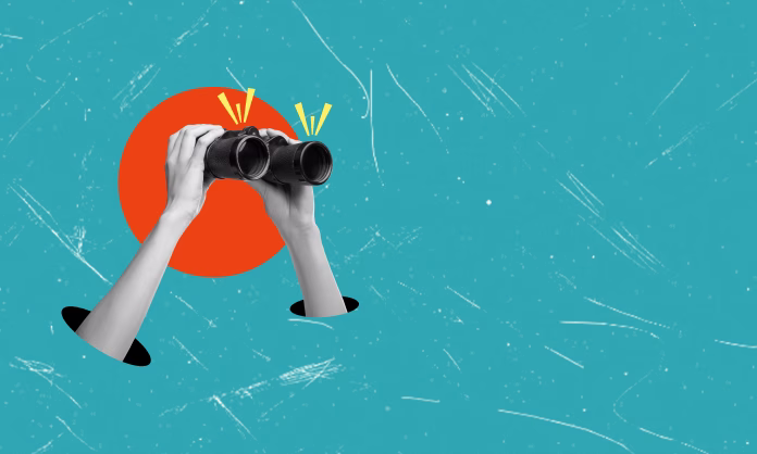 Contemporary artistic collage depicting hands holding binoculars against a blue background with space for text. The concept of planning and analytics.
