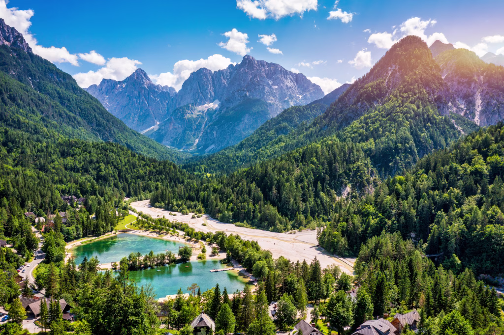 Great nature scenery in Slovenian Alps. Incredible summer landscape on Jasna lake. Triglav national park. Kranjska Gora, Slovenia. Mountain lake Jasna in Krajsnka Gora, Slovenia.