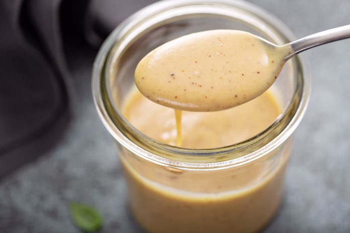 Homemade creamy honey mustard sauce in a glass jar