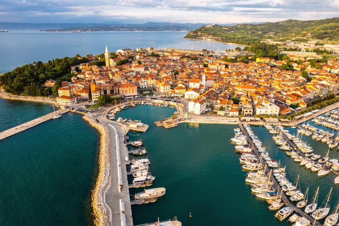 Izola townscape on the Adriatic coast of the Istrian peninsula in Slovenia. Aerial drone view.
