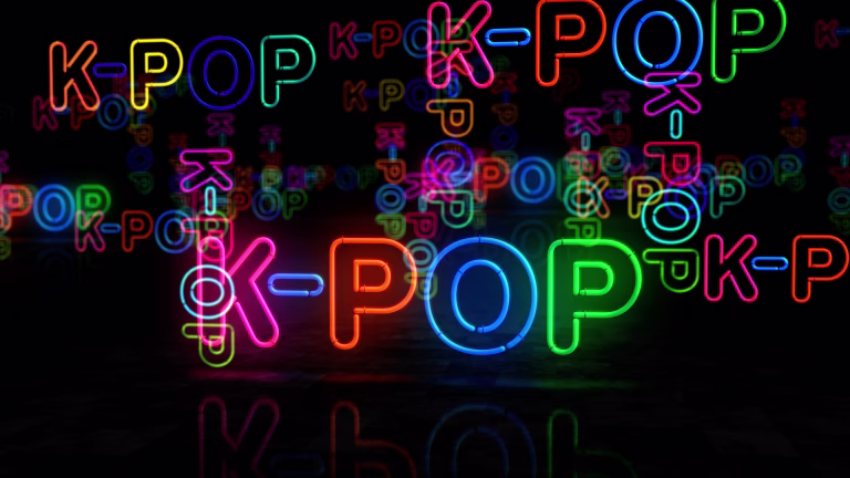 K-Pop Korea neon symbol. Entertainment popular Korean music event  light color bulbs. Abstract concept 3d illustration.