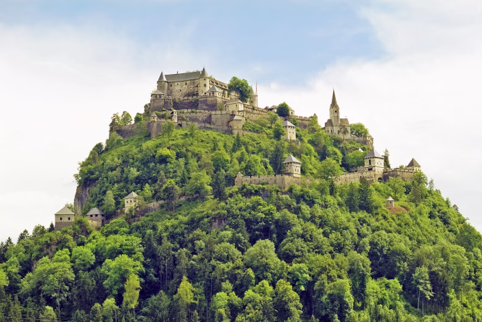 Launsdorf, Austria - June 17, 2005: Medieval castle Hochosterwitz in Carinthia, landmark and tourist attraction