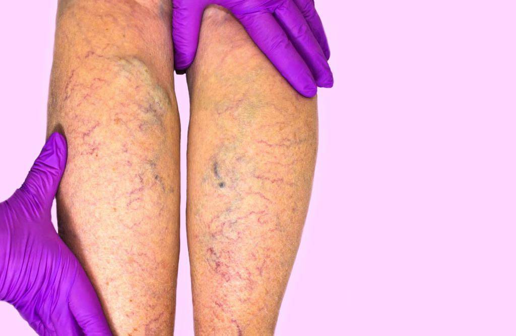 Lower limb vascular examination because suspect of venous insufficiency. The female legs on pink background