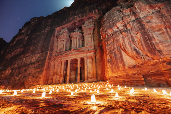 Petra by night, Treasury ancient architecture in canyon, Petra in Jordan. 7 wonders travel destination in Jordan