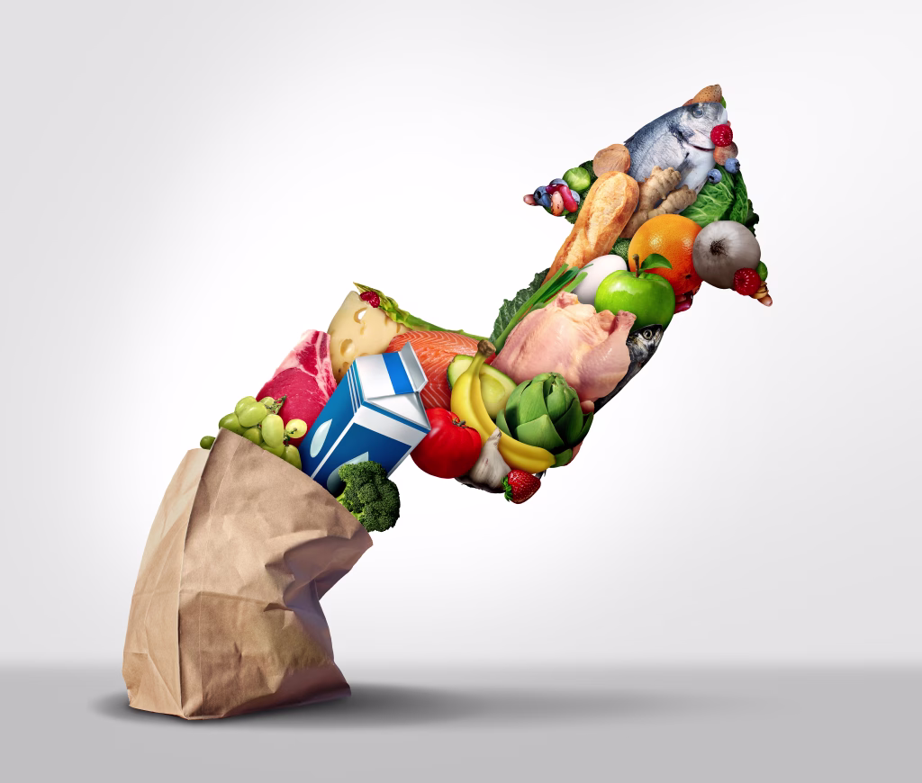 Rising grocery prices and surging cost of supermarket groceries as an inflation financial crisis concept and the rise of food costs as milk meat and eggs coming out of a paper bag shaped as an arrow with 3D render elements.