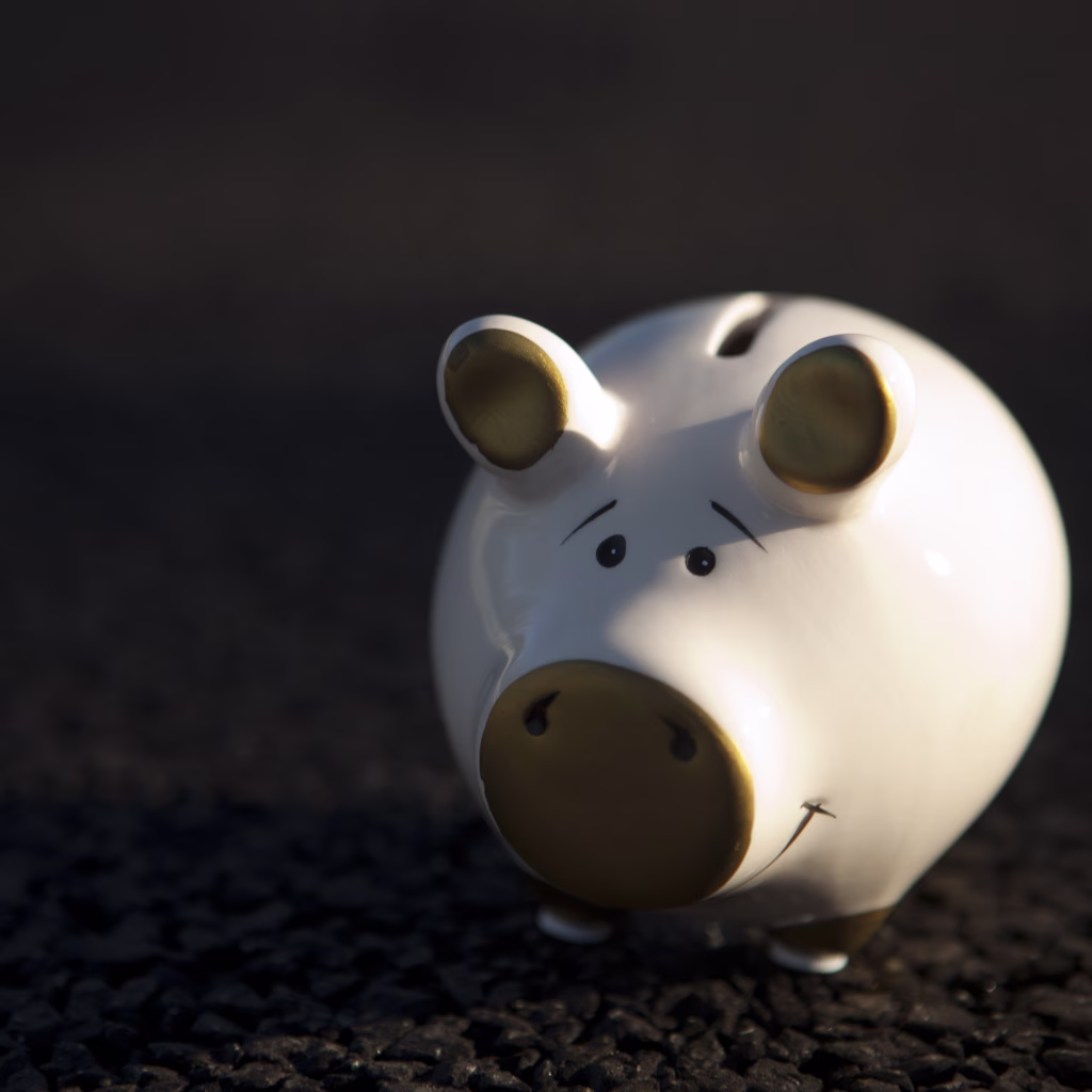 "Road with piggybank, economize. Bringing home the bacon"