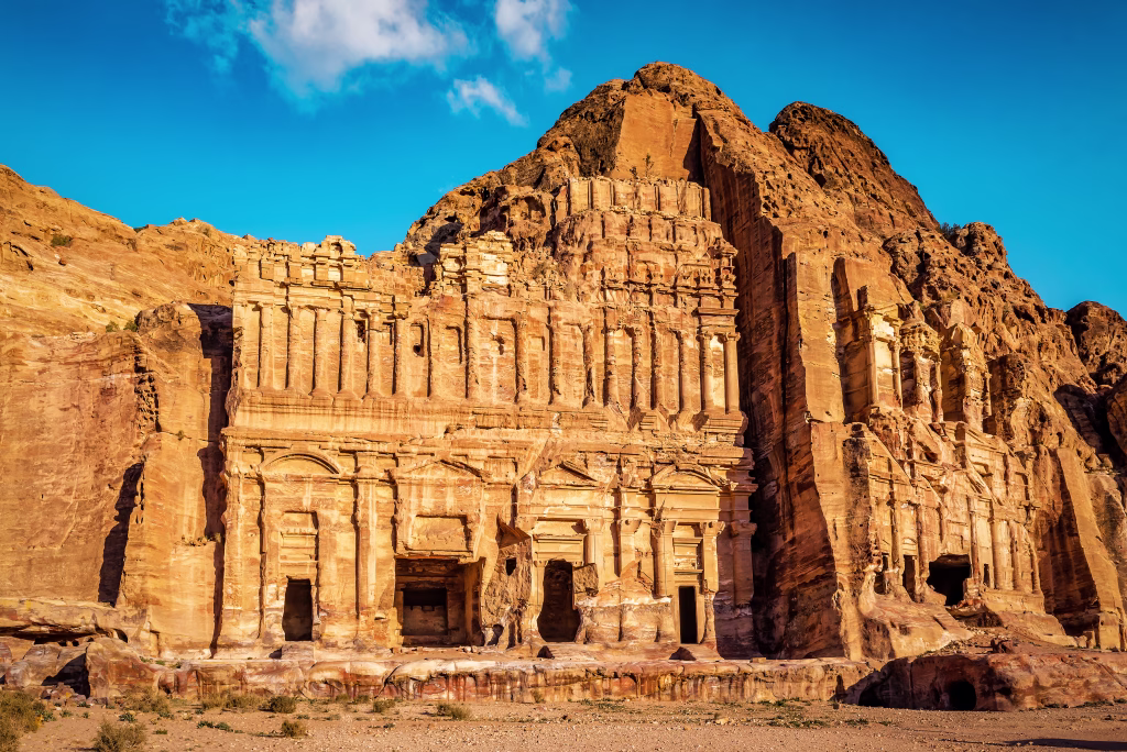 Ruins of Palace tomb in sunlight, Ancient City Petra in Jordan