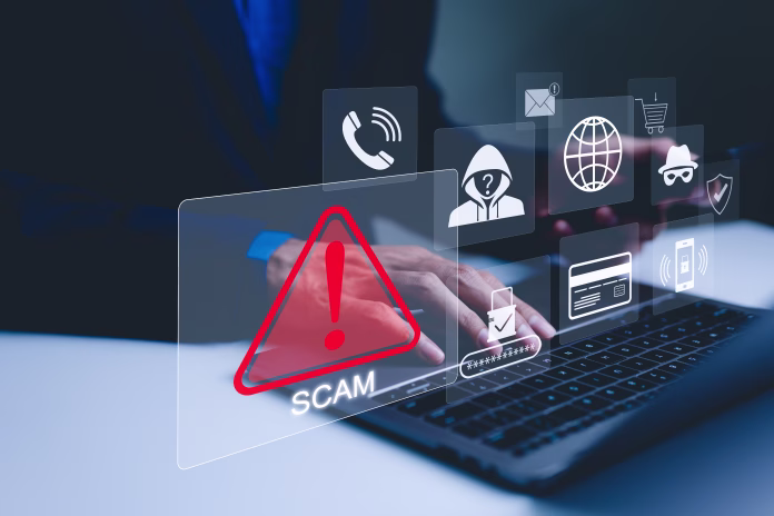 scam-alert-warning-with-cybersecurity-icons-a-person-using-laptop-warning-sign-for-scams-with-icons-representing-online-threats-phishing-and-cybersecurity-unknown-person-suspicious-scammer-stockpack-istock Scam Alert Warning with Cybersecurity Icons. A person using laptop, warning sign for scams with icons representing online threats, phishing, and cybersecurity. Unknown person, suspicious scammer,