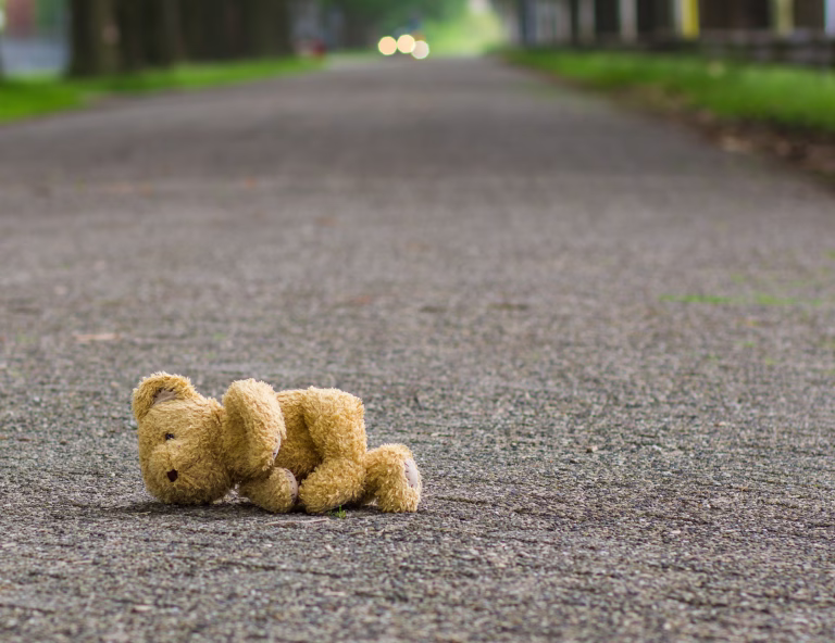 Teddy bear lies on the road
