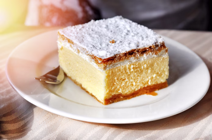 Traditional Slovenian dessert - slice of cream cake called Kremna Rezina or Kremsnita.Bled lake,Slovenia,Europe