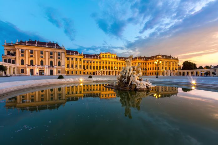 Vienna, Austria - July 23, 2015: Schonbrunn Palace Vienna Austria at dusk on JULY 23, 2015. Schonbrunn Palace is a former imperial summer residence located in Vienna, Austria.