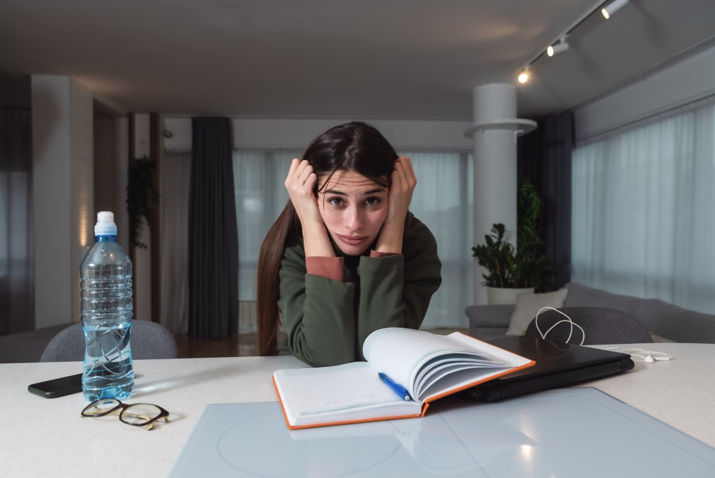 Young freelance business finance woman has a problem with attention deficit hyperactivity disorder ADHD she cant start work on project Female lost concentration cant work from home on laptop computer