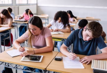 Na Primorskem odobren nov študijski program Young group of Gen Z students writing while learning during a class at high school. Education lifestyle concept.