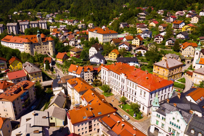 Aerial cityscape of Slovenian town Idrija