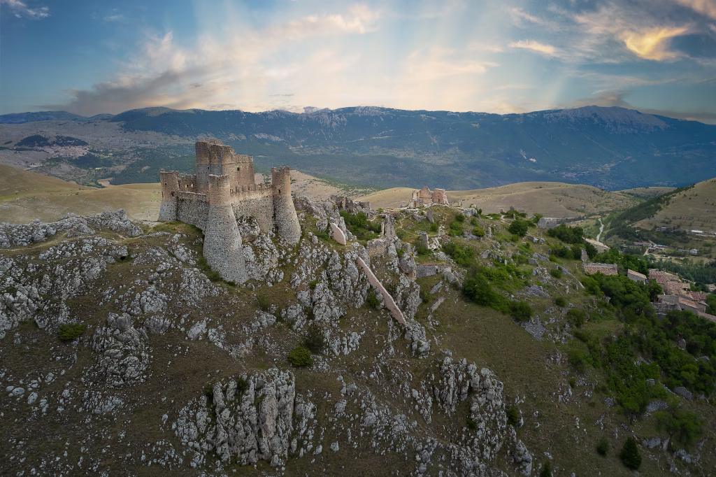 aerial view of the medieval castle of rocca calascio abruzzo during sunrise