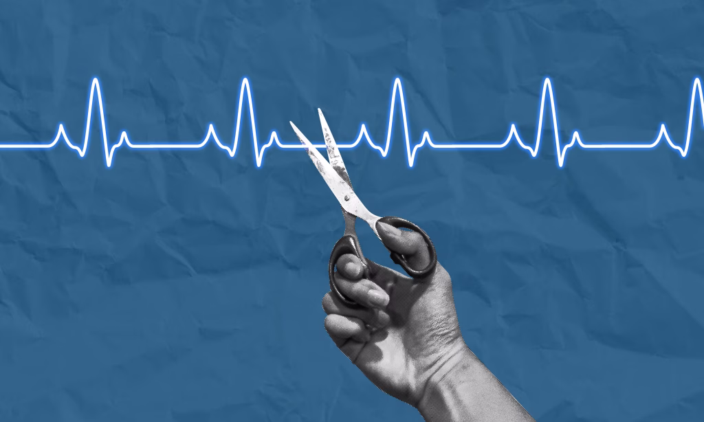 Ending life concept collage art. Hand with scissors cutting an ECG graph line. Euthanasia concept, intentionally ending life to eliminate pain and suffering.