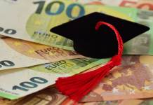 350 evrov štipendije za študente socialnega varstva Graduation hat on euro banknotes - Concept of scholarship and money for college education