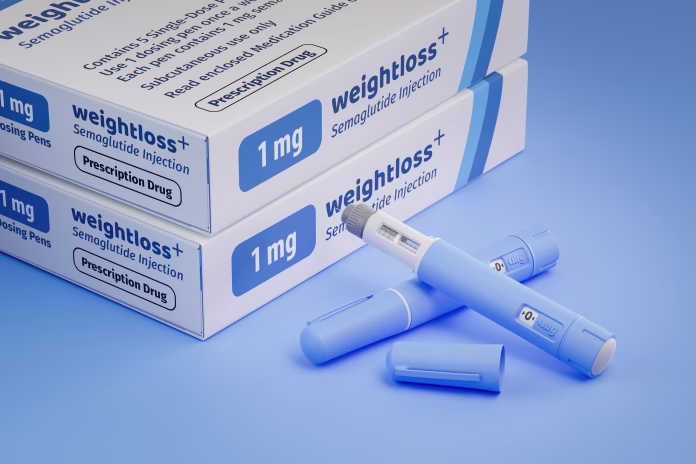 Two packages of a fictitious Semaglutide drug used for weight loss (antidiabetic or anti-obesity medication) on a blue transparent background. Two dosing pens in front. Fictitious package design.