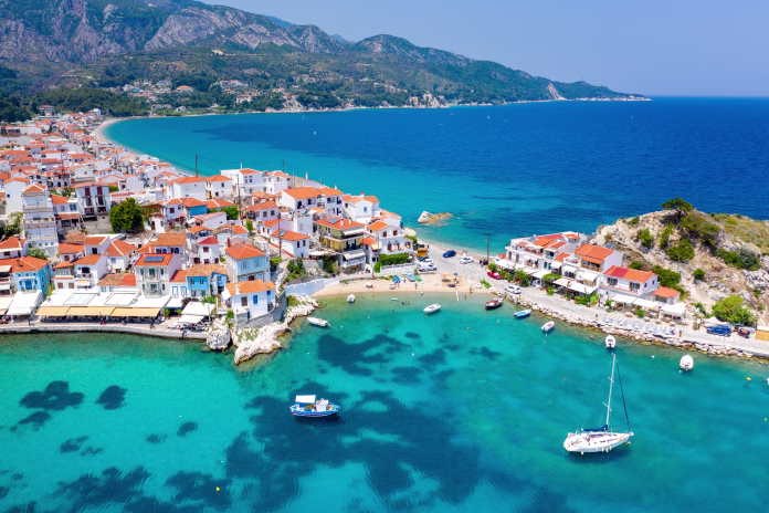 View of Kokkari fishing village with beautiful beach, Samos island, Greece