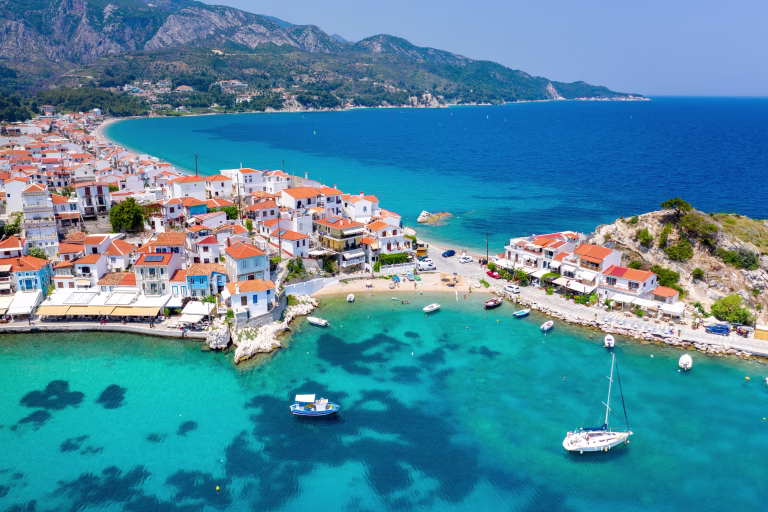 View of Kokkari fishing village with beautiful beach, Samos island, Greece