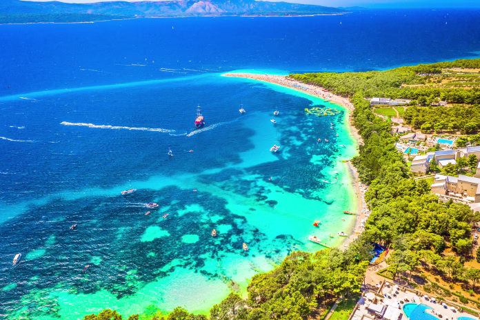 Aerial view of Zlatni Rat beach, famous landmark in Croatia.