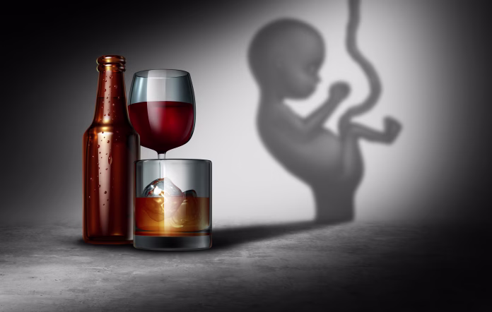 Alcohol and pregnancy and the dangers on the unborn fetus of drinking alcoholoc beverages as wine beer and whiskey or scotch as an obstetrics maternal health risk during gestation with 3D illustration elements.