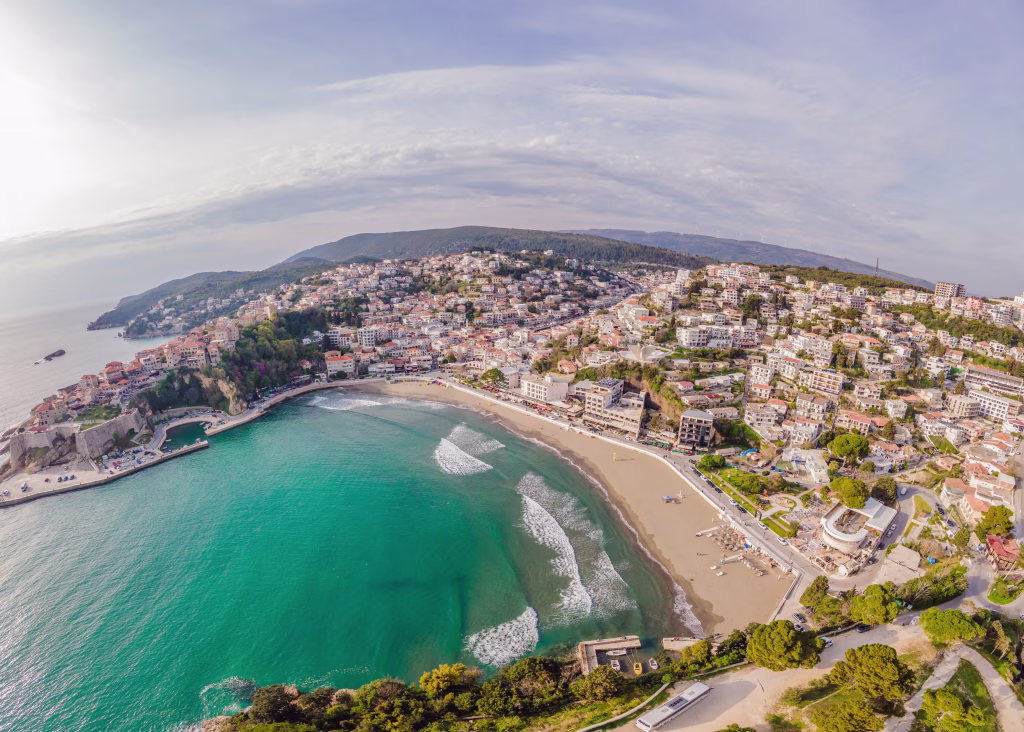 Amazing view on Ulcinj town in Montenegro. Clock Tower of Ulcinj Sahat Kulla. Lami Mosque. Ulcinj is a popular tourist destination in the summer on the southern Adriatic coast of Montenegro. Ulqin.