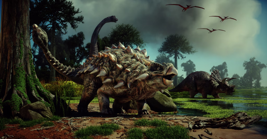 Dinosaurs in the forest. This is a 3d render illustration