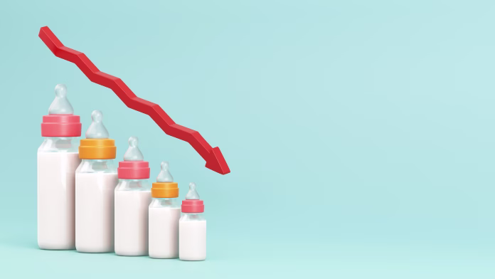 Fertility decline concept. Depopulation, demographic crisis. Baby bottles in the form of graph and down arrow. Empty space for text. 3d illustration.