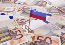 Bančne storitve v Sloveniji: Kje so povprečno najnižji stroški za uporabnika? Flag of Slovenia sticking in european bank notes.
