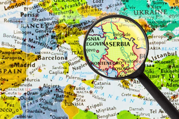 map of Republic of Serbia through magnifying glass
