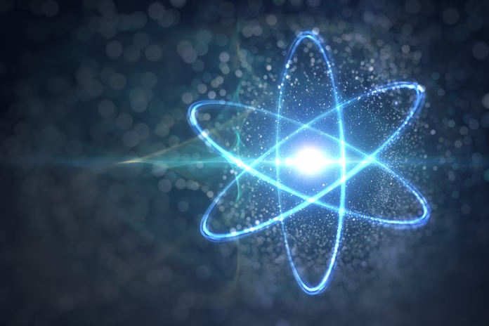Model of atom and elementary particles. Physics concept. 3D rendered illustration.