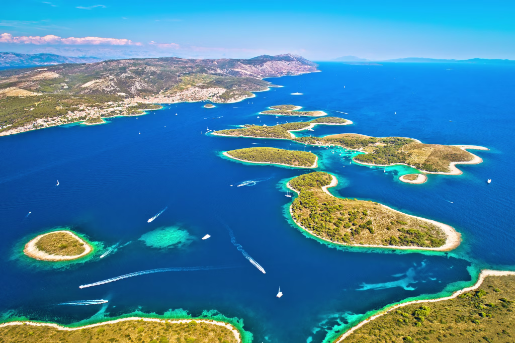 Pakleni otoci yachting destination arcipelago aerial view, Hvar island, Dalmatia region of Croatia