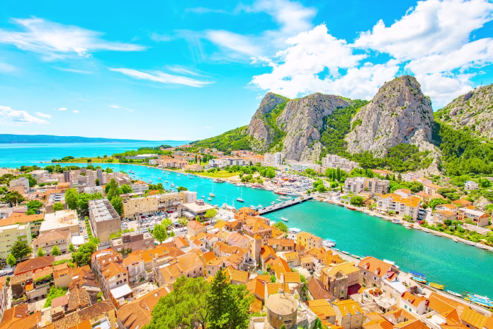 Scenic view of Omis city skyline and Cetina river, Croatia travel photo