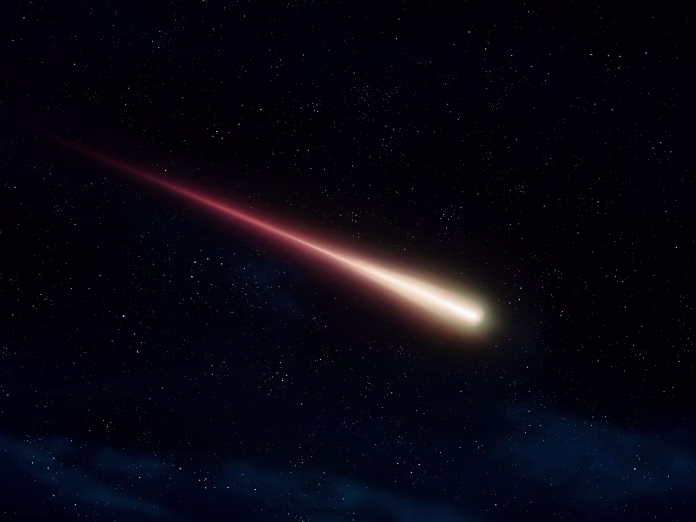 Shooting star in the sky. Beautiful meteor trail. Big fireball at night. Meteorite in atmosphere.